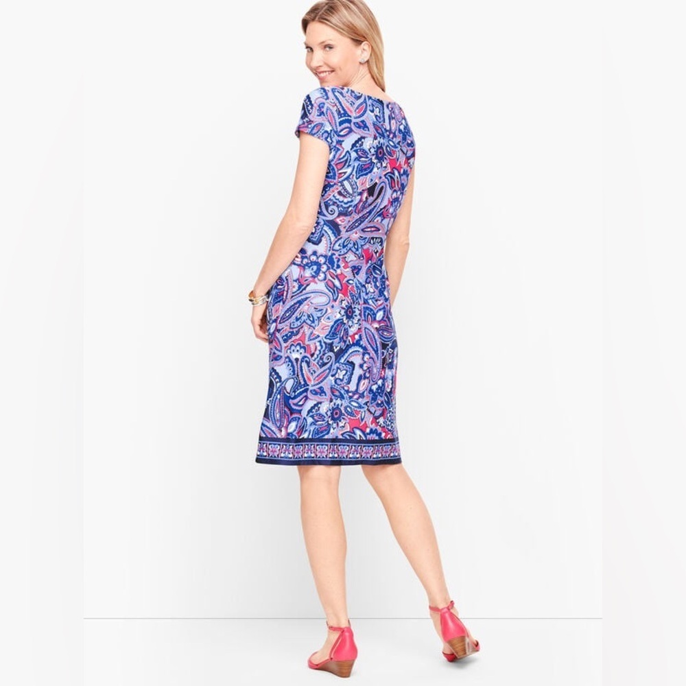 Talbots Boho Paisley Faux Wrap Shift Dress | Vibrant Pink & Blue Mod Jersey - M - Picture 2 of 8